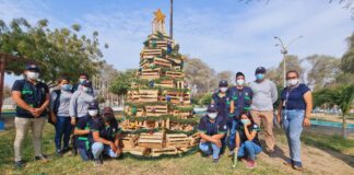 Promotores ambientales realizan árbol navideño de tres metros de altura con material reciclado